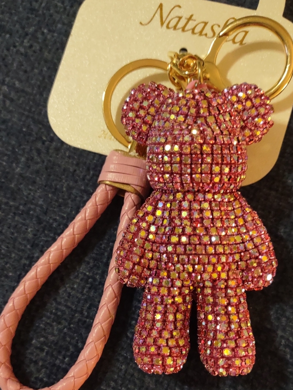 NWT Natasha Couture Pink Rhinestone Teddy Bear Bag Charm Keychain Bling